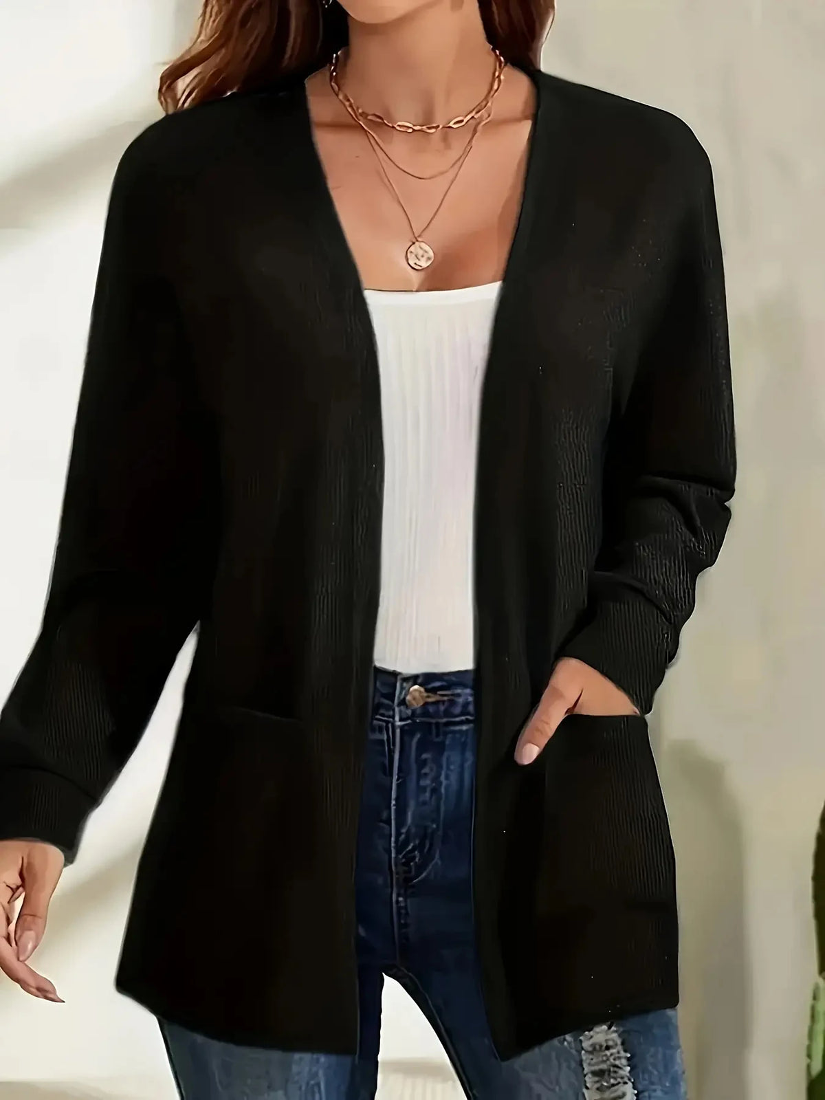 Autumn chic casual solid color pocket thin plus size jacket cardigan