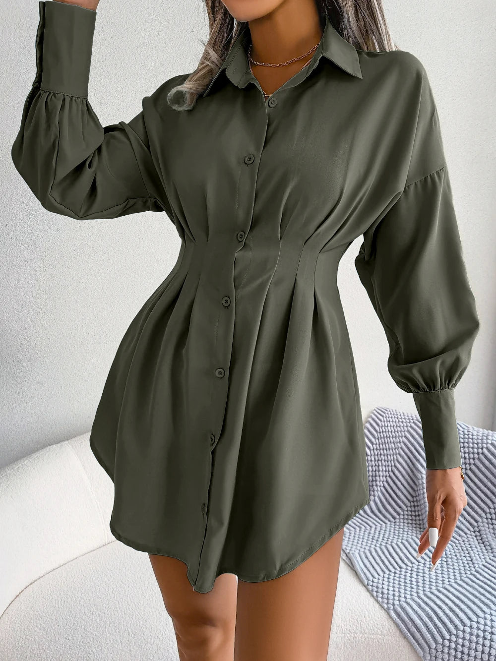 Casual Buttons Long Sleeve Mini Dress