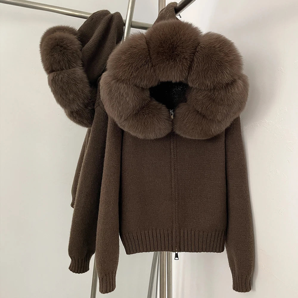 Autumn Winter Casual Hooded Real Fox Fur Collar Short Knitted Jacket
