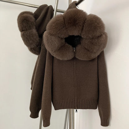 Autumn Winter Casual Hooded Real Fox Fur Collar Short Knitted Jacket