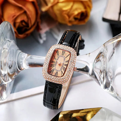 Leather strap with diamond inlay water diamond wine barrel quartz watch