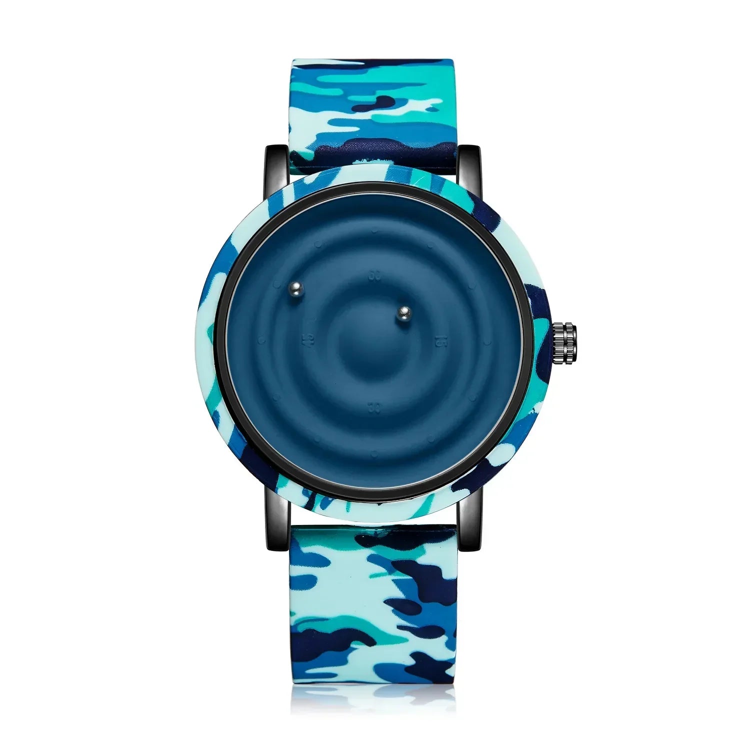 Blue camouflage pattern watch with unique tactile dial and minimalist design