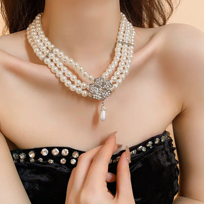 Rhinestone Flower Pearl Necklaces Jewelry Sets