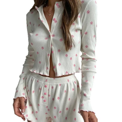 Ribbed Knitted Floral Print Long Sleeve Casual Loungewear Pajama Sets