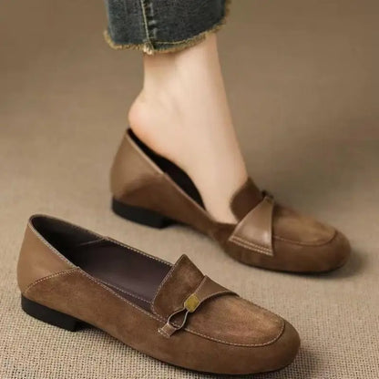 British Style Suede Square Toe Loafers Metal Decor Low Heel Pumps Shoes