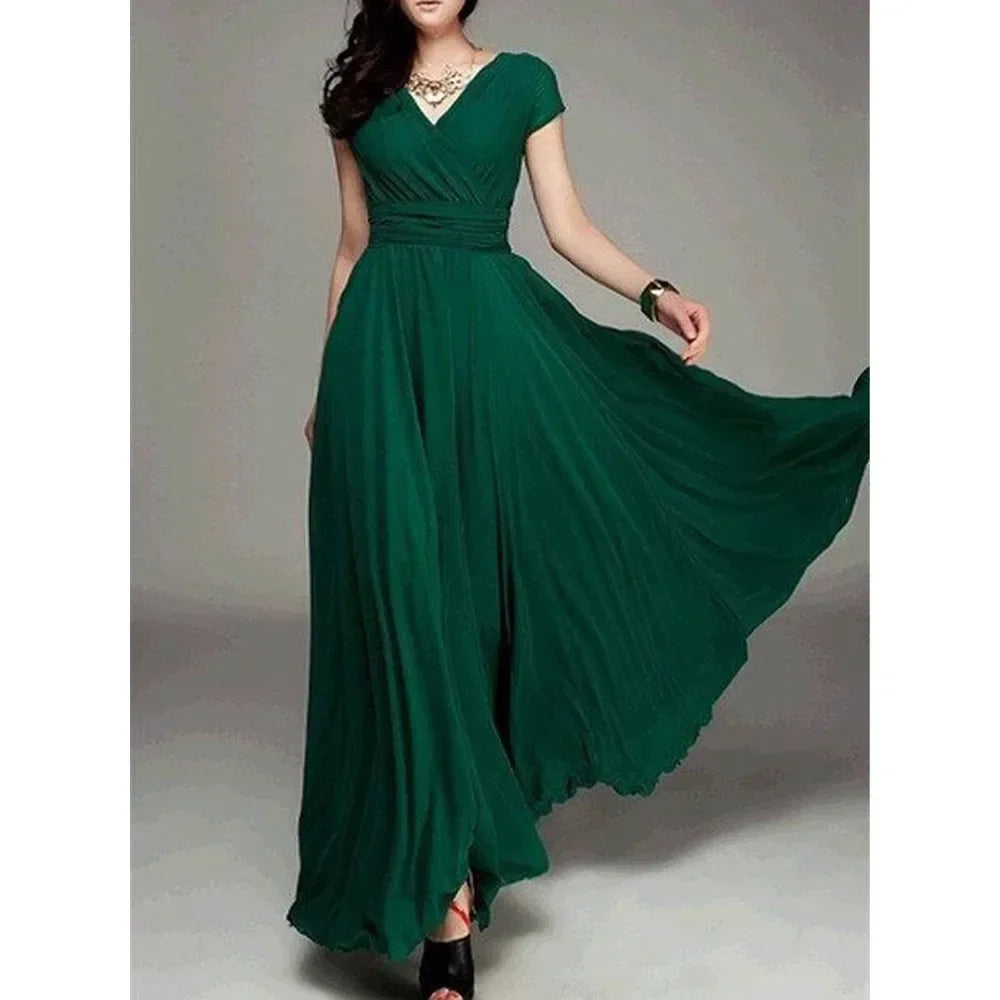 Short Sleeve Long Cocktail Chiffon High Waist Dresses