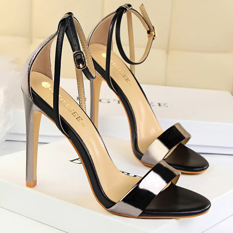 Black-White Concise Leather 11cm High Heels Sandals