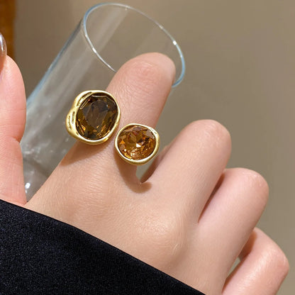 Vintage Brown Crystal Elliptical Luxury Rhinestone Contrasting Geometric Ring