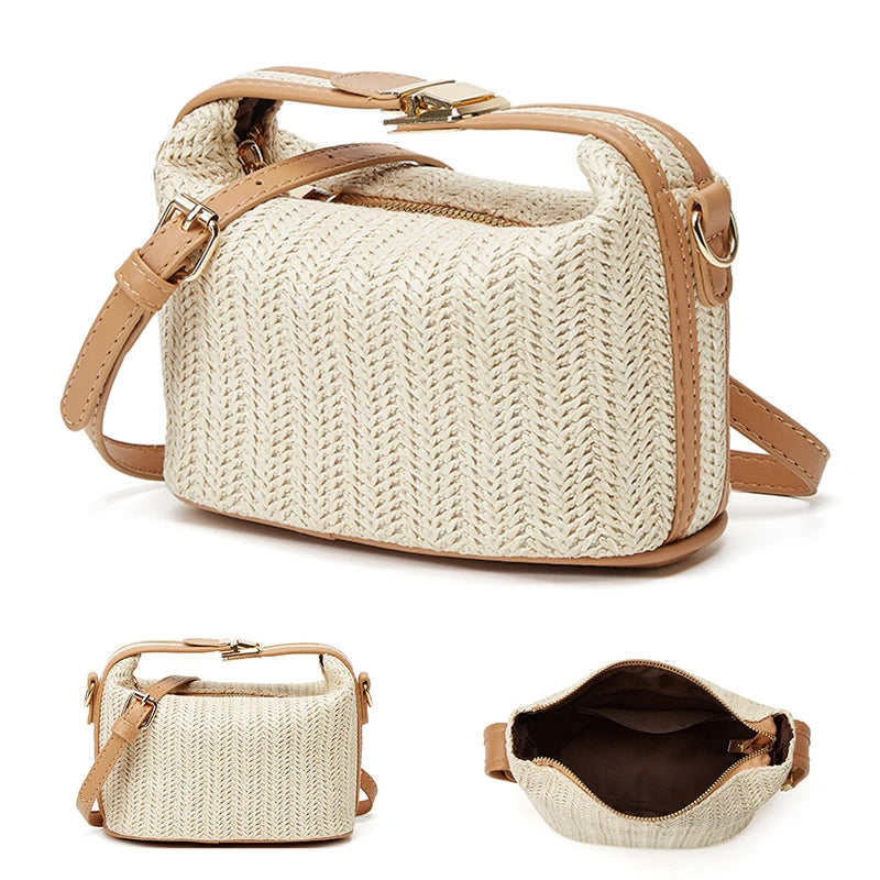 Small Straw Shoulder Woven Bucket Crossbody Bag