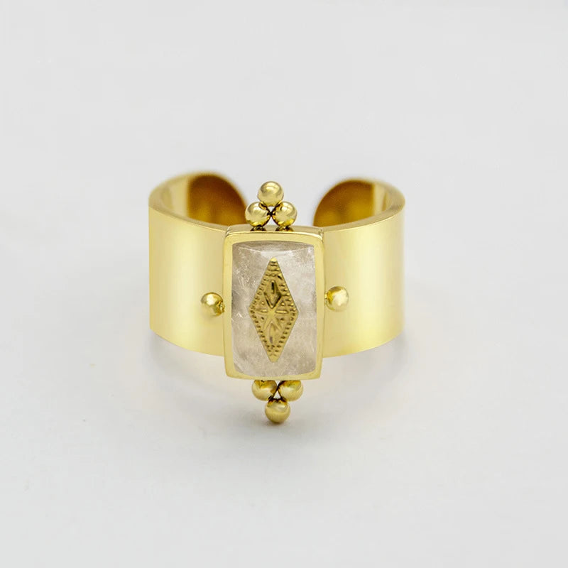 Creative Gold Plated Stainless Steel Simple Geometric Round Natural Stone Ring