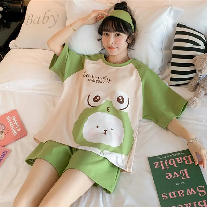 Short-Sleeved Loose Large Size Princess Style Strawberry Dinosaur Kawaii CutePajamas Sets