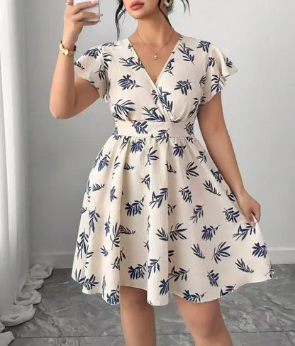 Plus Size Gentle Apricot & Navy Cotton Linen Leaf Dress