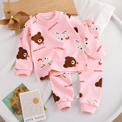Autumn Cartoon Cat Print Long Sleeve Cotton Sleepwear Pajamas Set