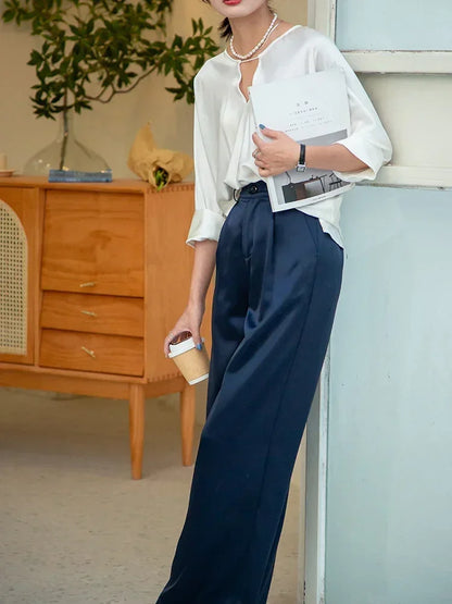 High Waist Wide Leg Fit Classic Black Silk Satin Korean Style Pants