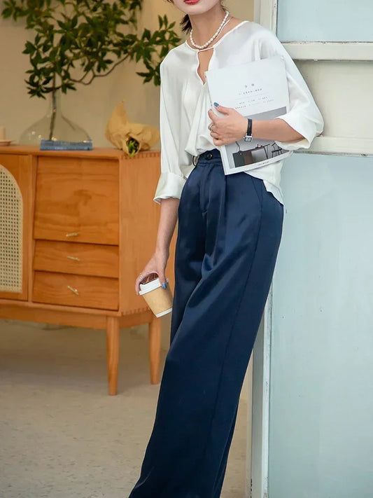 High Waist Wide Leg Fit Classic Black Silk Satin Korean Style Pants
