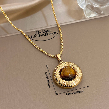 Chic Gilded Textured Natural Stone Pendant Vintage Necklace