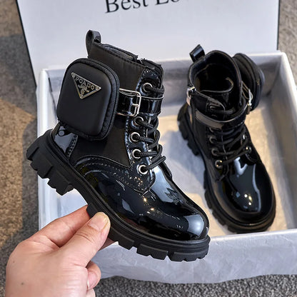 PU Leather Buckle Spring Anti-slip Breathable Black Shoes Size 21-37