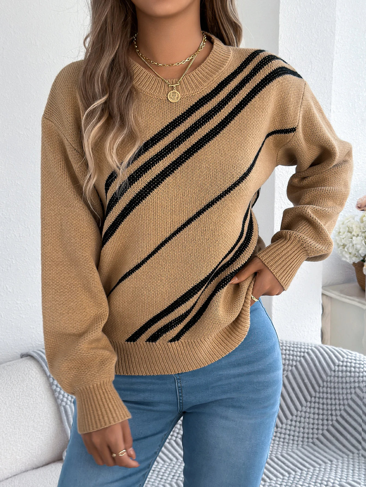 Twill Texture Color Block Round Neck Long Sleeve Cabin Core Knit Pullover