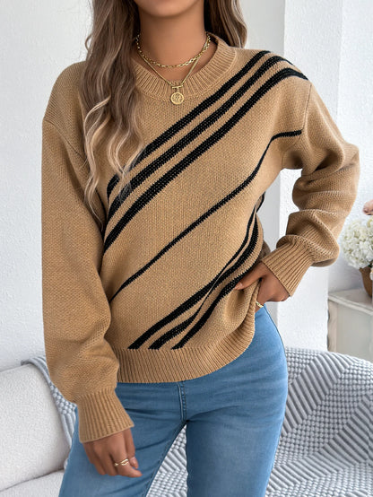 Twill Texture Color Block Round Neck Long Sleeve Cabin Core Knit Pullover