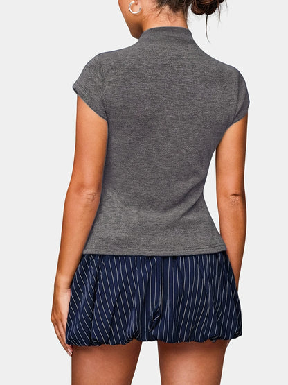 Knitted Turtleneck Top Slim Four-Season Short-Sleeved Cardigan