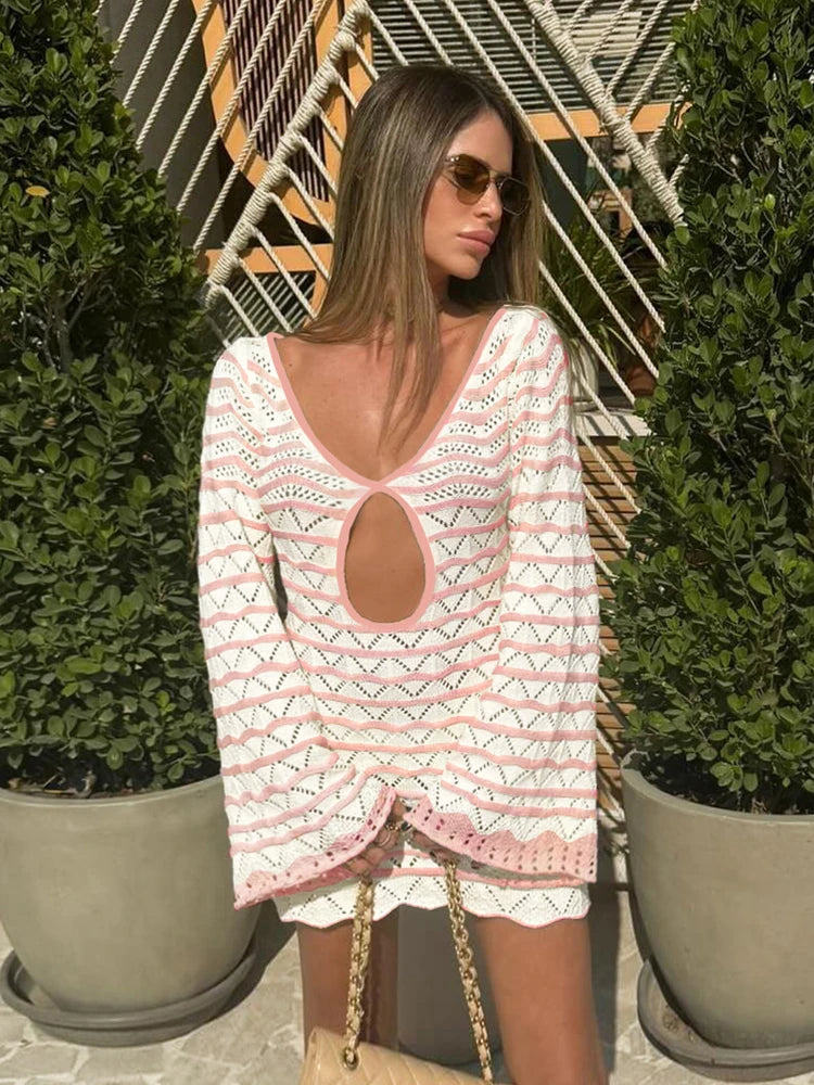 Sexy Boho Striped Chic V-neck Cut Out Bell Sleeve Knit Beach Mini Dress