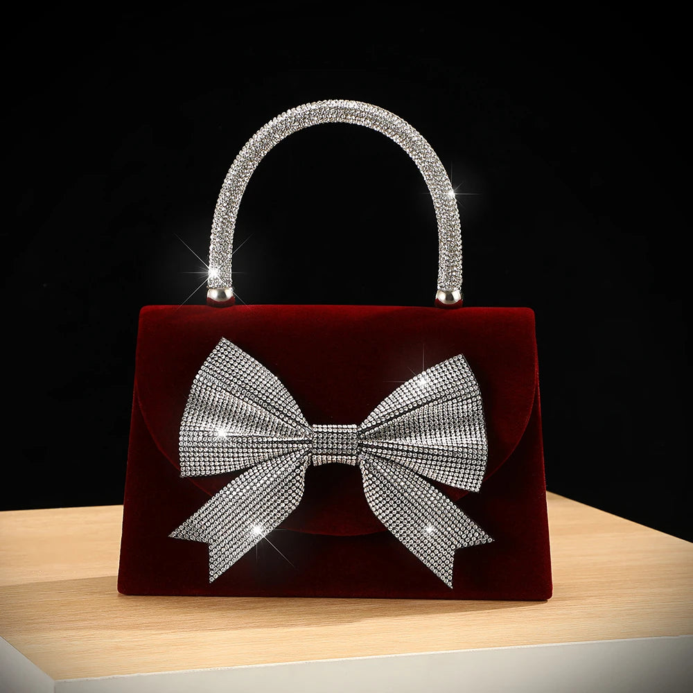 Velvet bow rhinestone handbag luxurious shoulder bag