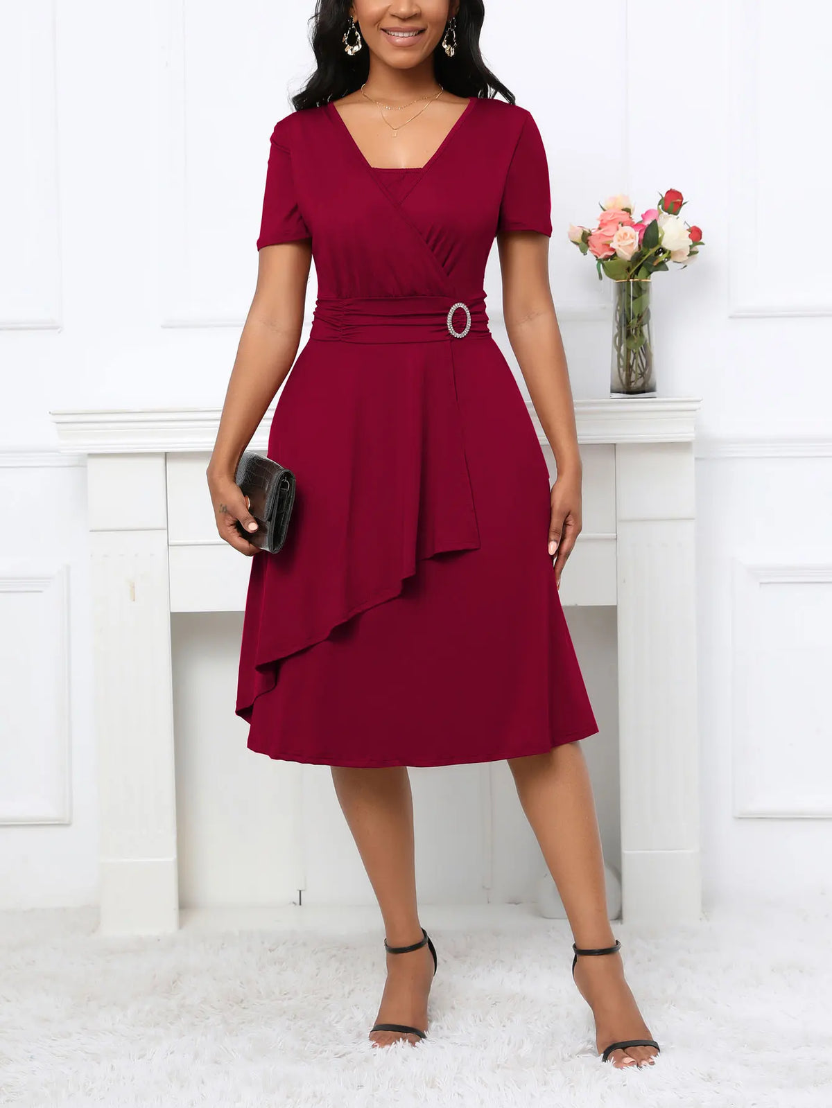 Short Sleeve Square Neck Casual Wrap Fit And Flare Swing Midi Dress