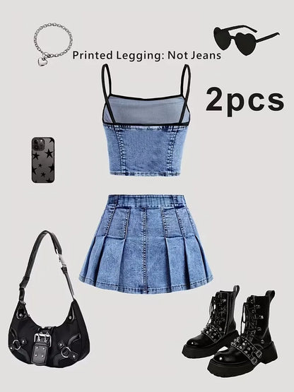 Faux Denim Outfit Mini Skirt Set