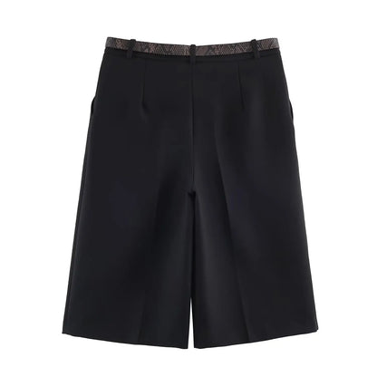 Long Style Casual Shorts Vintage High Waist With Belt Shorts