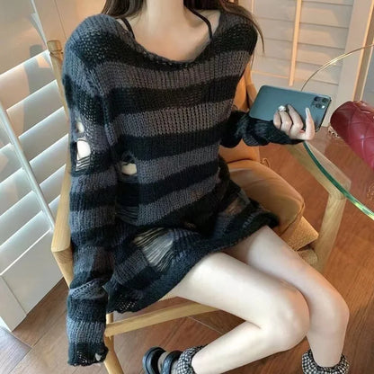 Punk Gothic Long Unisex Sweater Striped Cool Hollow Out Hole Broken Jumper