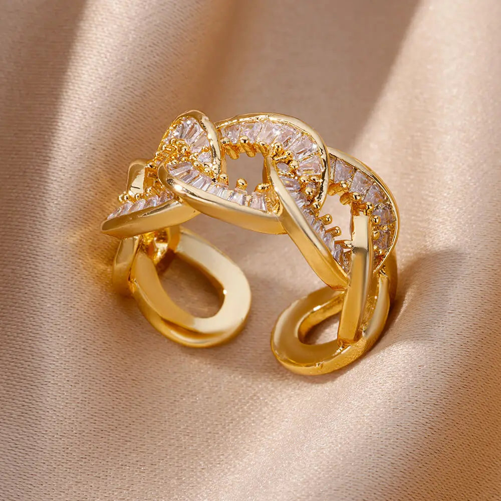 Chain Hollow Out Gold Stainless Steel Zircon Cross Ring