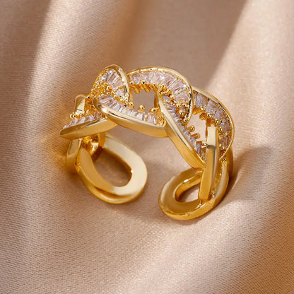 Chain Hollow Out Gold Stainless Steel Zircon Cross Ring