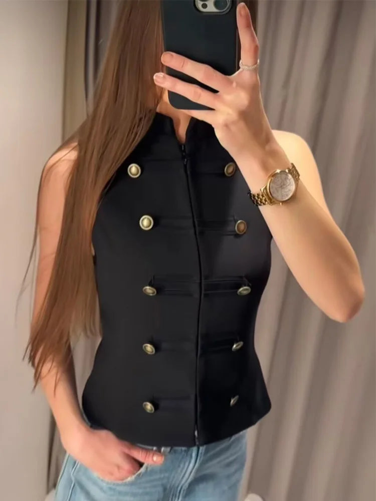 Black Sleeveless Rope Knot Decorative Slim Fit Top Vest