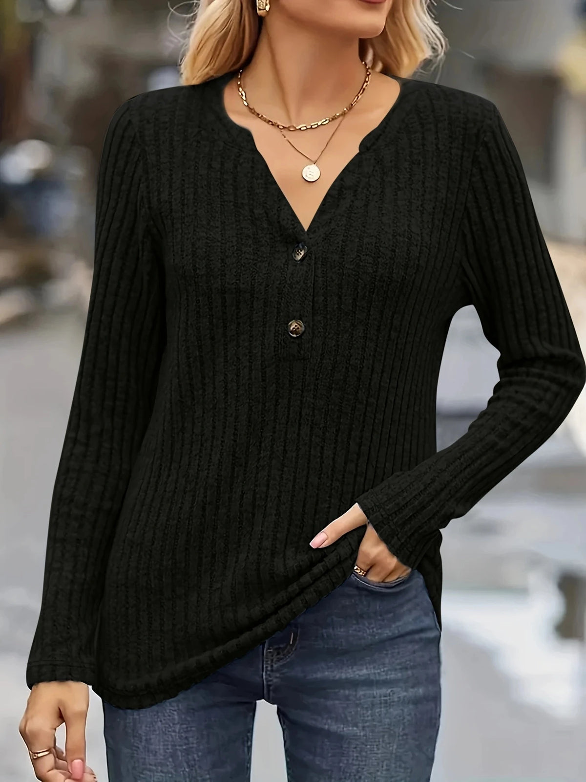 Ribbed Button Front V Neck T-Shirt Casual Long Sleeve Shirt
