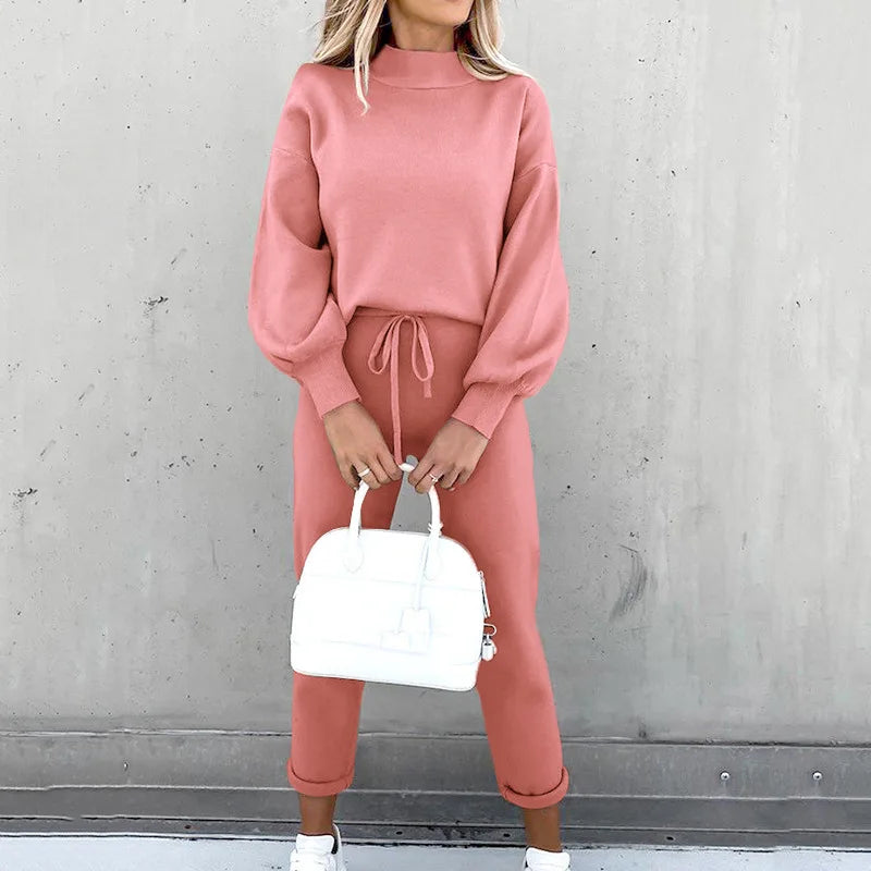 Autumn and Winter Sweater High Collar Casual Pure Color Trousers Set