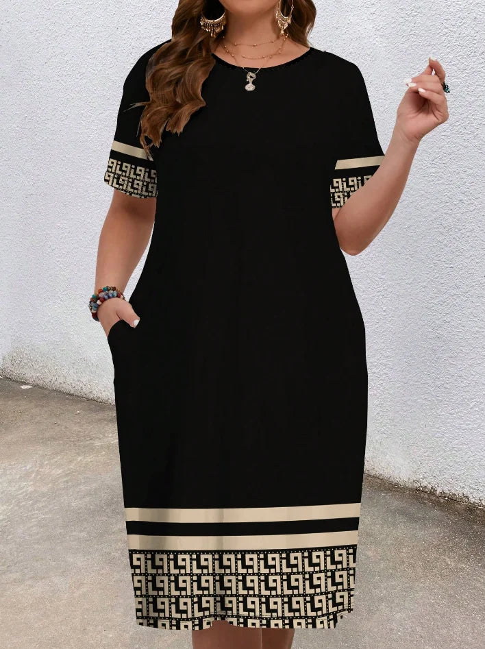 Plus-size short-sleeved round-neck pocket geometric dress