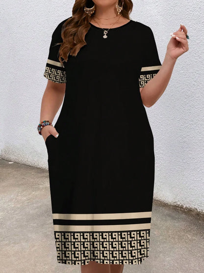 Plus-size short-sleeved round-neck pocket geometric dress