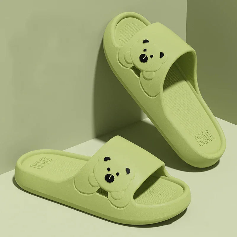 Light green bear slippers with cartoon face, trendy footwear at danastors fashion shop