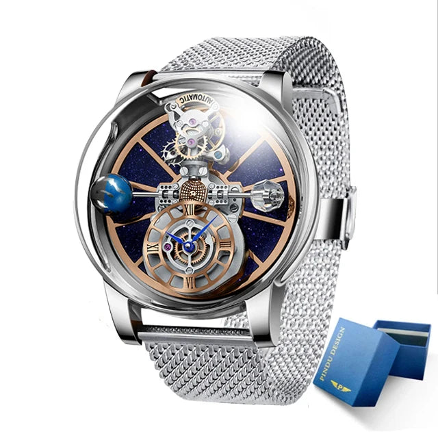 Celestial Starry Sky Curved Glass Transparent Waterproof Leather Watch
