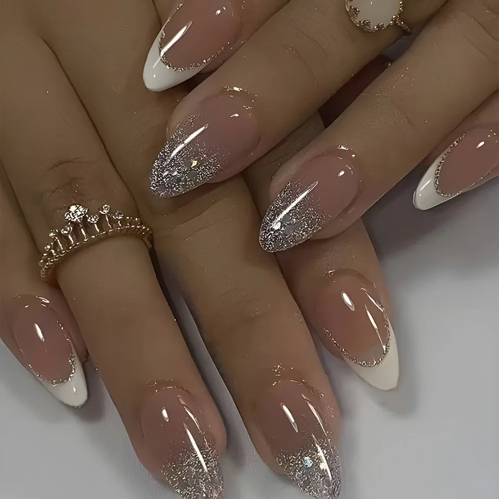 24Pcs Metallic Cat Eye French Sheer Manicure Tip Art Textured 3D Acrylic False Nails