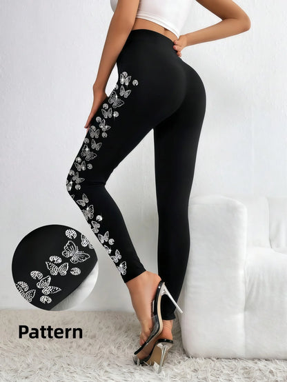 Butterfly Side Design High Waist Sparkling Rhinestone Leggings