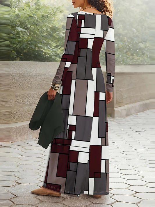 Long Sleeve Geometric Color Block Print Midi Dress