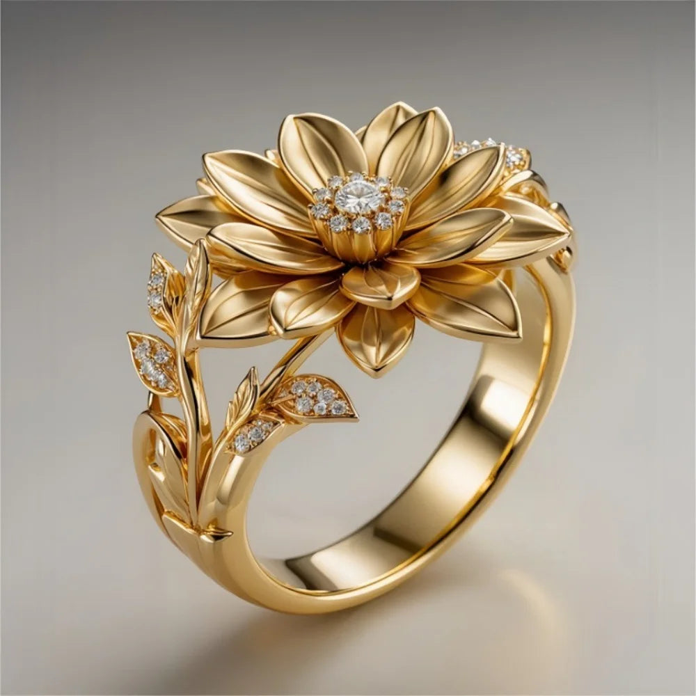 Luxury Plant White Zircon Big Stone Lotus Ring