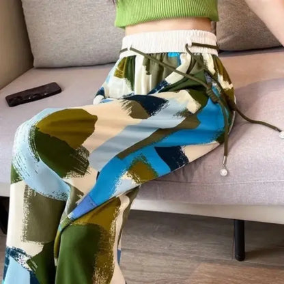 Colorful Graffiti Print Wide Leg Elastic Waist Drawstring Loose Pants