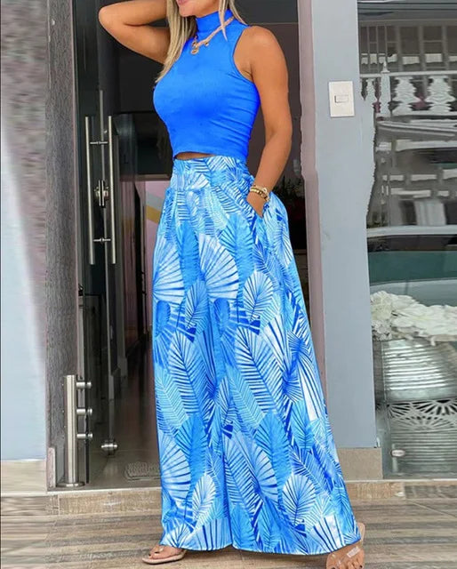 Casual Sleeveless Tank Top Wide Leg Pants Set