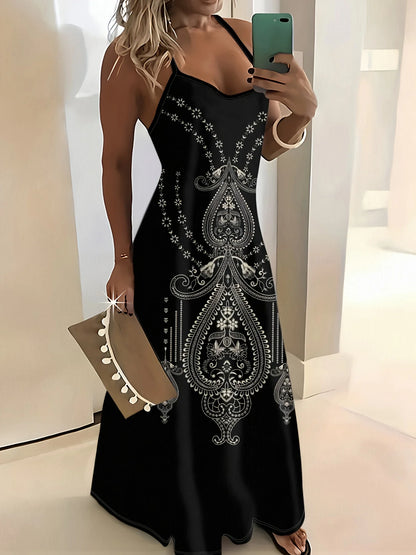 Vacation style Black And White Paisley round neck spaghetti strap dress