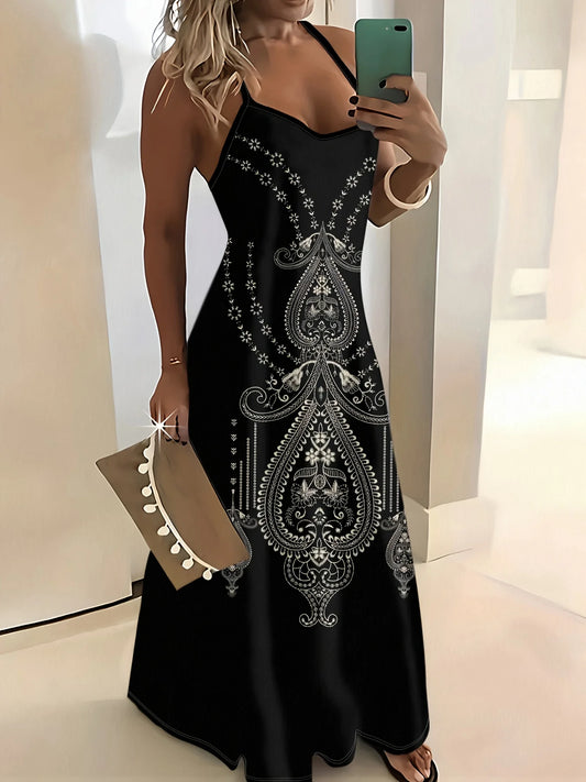 Vacation style Black And White Paisley round neck spaghetti strap dress