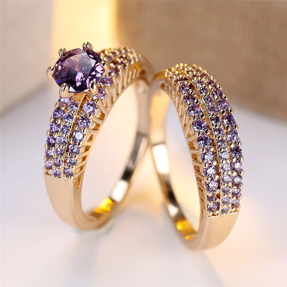 Crystal Purple Black Blue Zircon Round Stone Ring Set