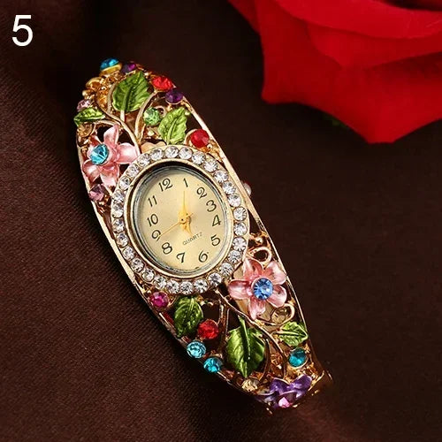 Reloj de pulsera de oro con flor de aleación de cristal de belleza