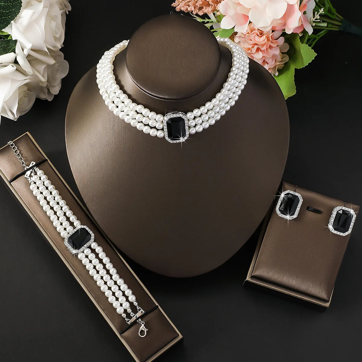 4PC Light Imitation Pearl Necklace Jewelry Set